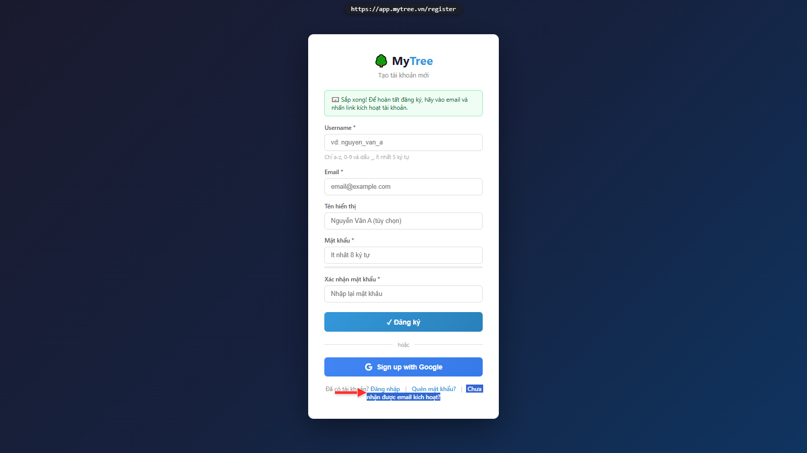 Link gửi lại email kích hoạt